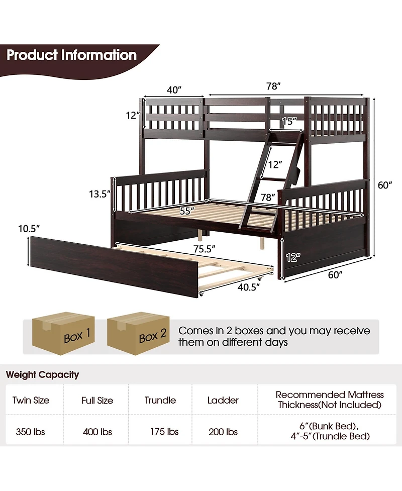Gymax Twin Over Full Bunk Bed with Twin Trundle Convertible Platform Bed