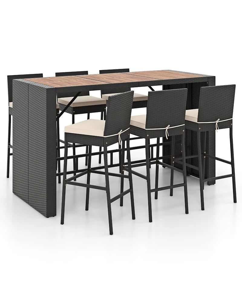 Gymax 7 Pieces Patio Bar Set w/ Acacia Wood Tabletop & Removable Cushions Outdoor