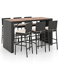 Gymax 7 Pieces Patio Bar Set w/ Acacia Wood Tabletop & Removable Cushions Outdoor