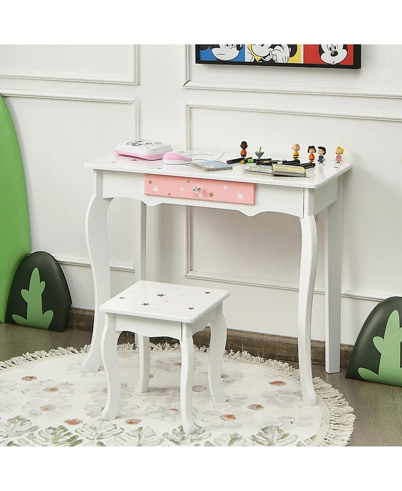 Gymax Kids Vanity Princess Makeup Dressing Table Chair Set W/ Tri-folding Mirror