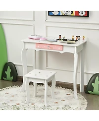 Gymax Kids Vanity Princess Makeup Dressing Table Chair Set W/ Tri-folding Mirror