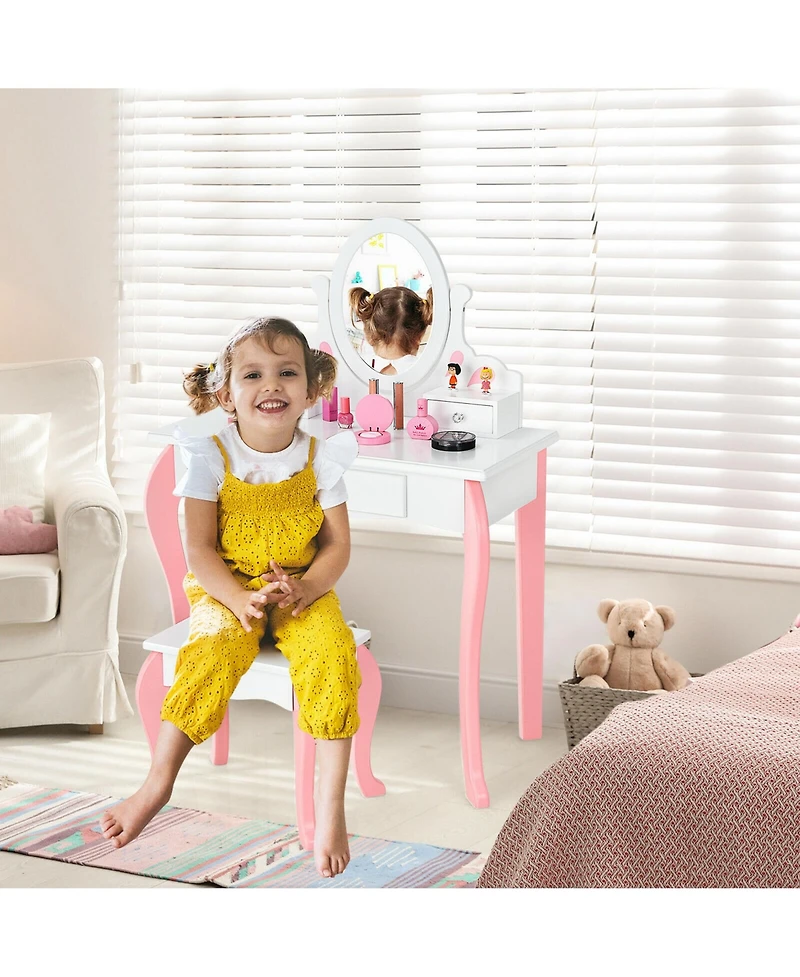 Gymax Kids Vanity Princess Makeup Dressing Table Stool Set W/ Mirror Drawer