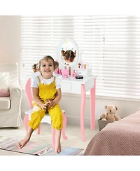 Gymax Kids Vanity Princess Makeup Dressing Table Stool Set W/ Mirror Drawer