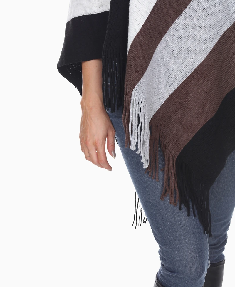 White Mark Women's Striped Knit Fringe Poncho Sweater