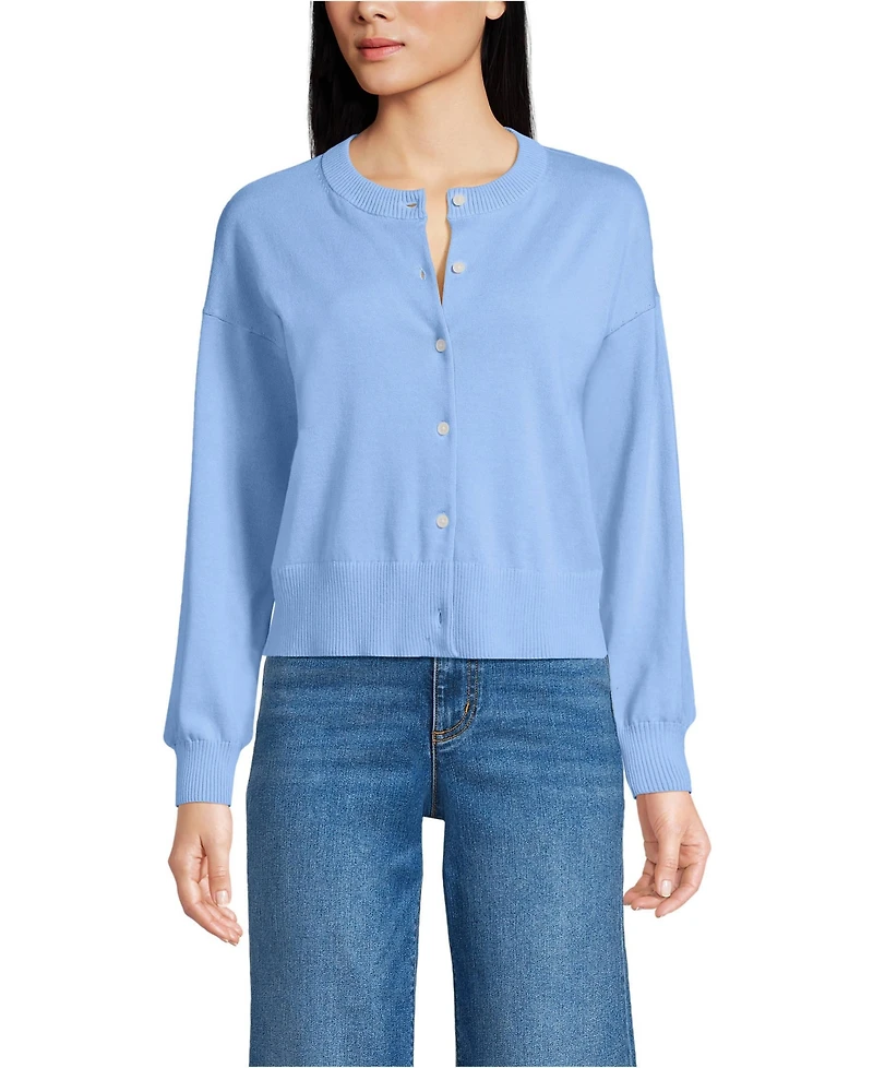 Lands' End Women's Cropped Fine Gauge Crew Neck Cardigan Sweater
