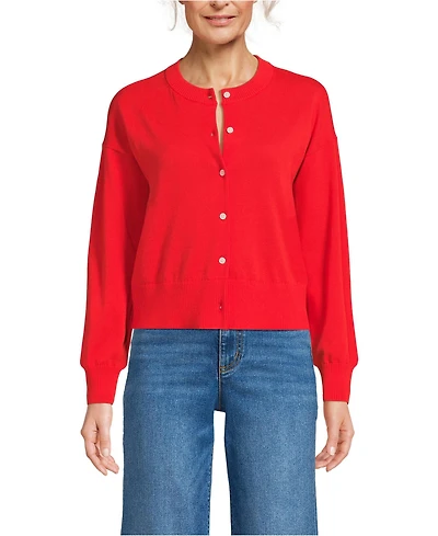 Lands' End Women's Cropped Fine Gauge Crew Neck Cardigan Sweater