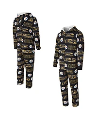 Concept Sport Men's Black Pittsburgh Steelers Shuffle All-Over-Print Microfleece Full-Zip Union Suit