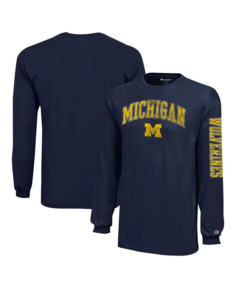 Champion Big Boys and Girls Navy Michigan Wolverines Distressed Arch Over Logo Long Sleeve T-Shirt
