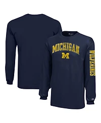 Champion Big Boys and Girls Navy Michigan Wolverines Distressed Arch Over Logo Long Sleeve T-Shirt