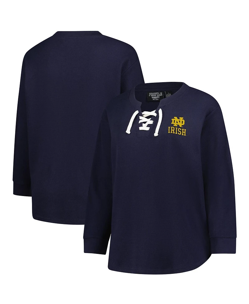Fanatics Women's Navy Notre Dame Fighting Irish Lace-Up Waffle Knit Plus Long Sleeve T-Shirt