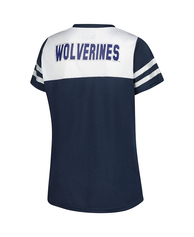 Fanatics Women's White Michigan Wolverines Plus Rhinestone Glitter Sleeve Stripe V-Neck T-Shirt