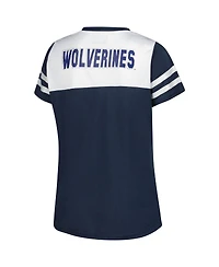 Fanatics Women's White Michigan Wolverines Plus Rhinestone Glitter Sleeve Stripe V-Neck T-Shirt