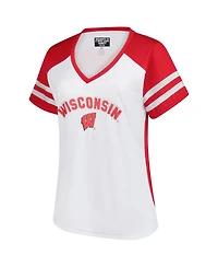 Fanatics Women's White Wisconsin Badgers Plus Rhinestone Glitter Sleeve Stripe V-Neck T-Shirt