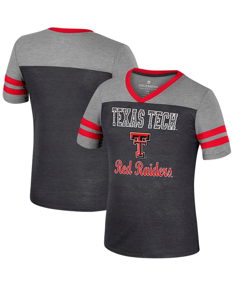 Colosseum Big Girls Black/Heather Gray Texas Tech Red Raiders Summer Striped V-Neck T-Shirt