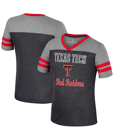 Colosseum Big Girls Black/Heather Gray Texas Tech Red Raiders Summer Striped V-Neck T-Shirt