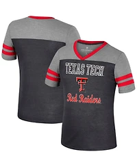 Colosseum Big Girls Black/Heather Gray Texas Tech Red Raiders Summer Striped V-Neck T-Shirt