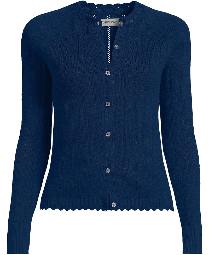 Lands' End Plus Cotton Pointelle Satin Trim Cardigan Sweater