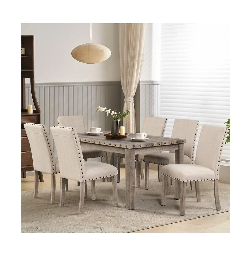 Morden Fort 7 Piece Rustic Wooden Dining Set, Mid-Century Modern Table & Chair Set for Spacious Dining Rooms and Entertaining Guests