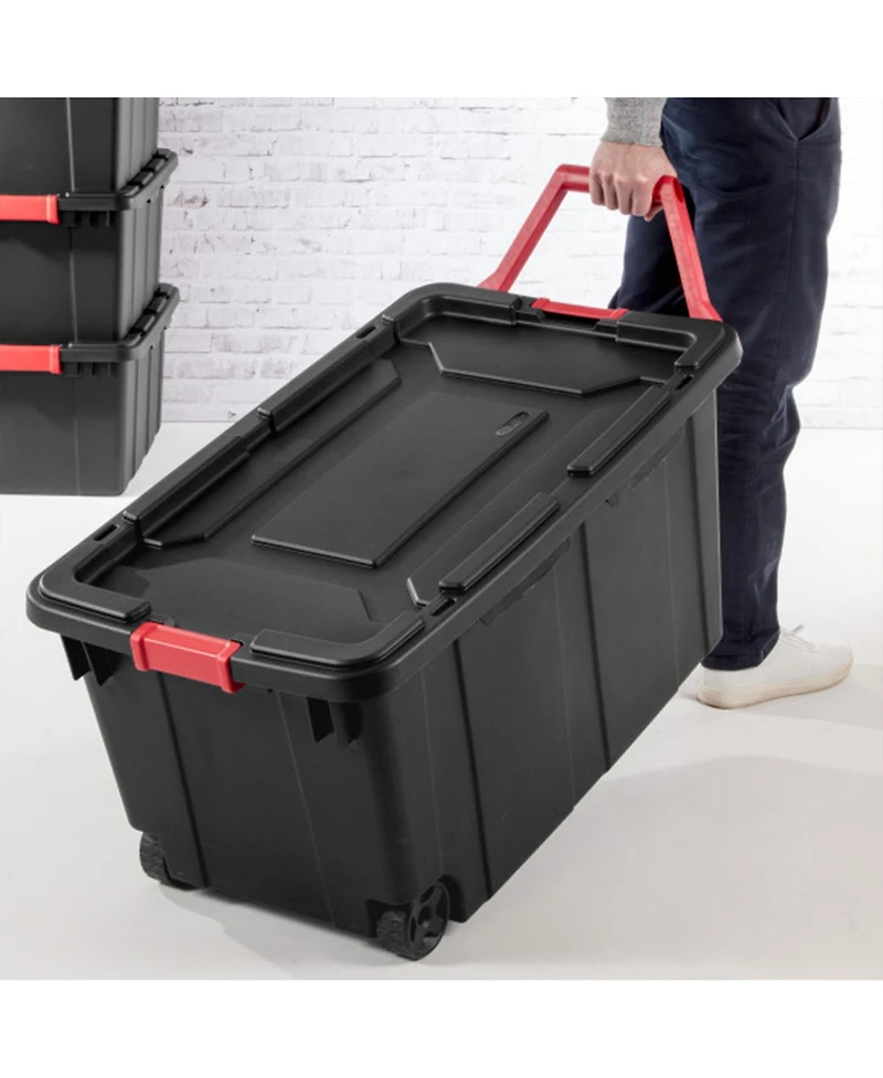 Sterilite Heavy Duty 40 Gallon Wheeled Industrial Storage Tote, 4-Pack, Black