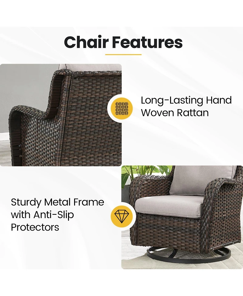 Gymojoy LunaCurve Wicker 3-Piece Outdoor Swivel Glider Set Conversation with 5 in. Thick Cushions