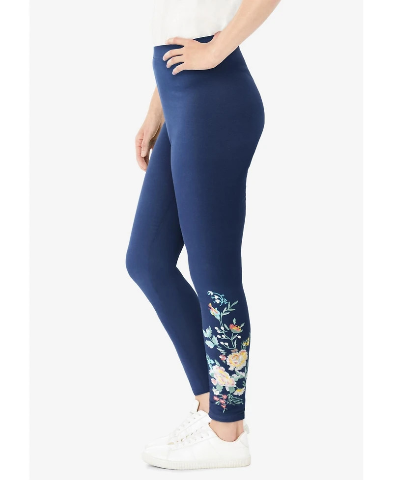 Woman Within Plus Size Women'S Plus-Size Stretch-Cotton Knit Pull-On Embroidered Leggings