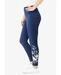 Woman Within Plus Size Women'S Plus-Size Stretch-Cotton Knit Pull-On Embroidered Leggings