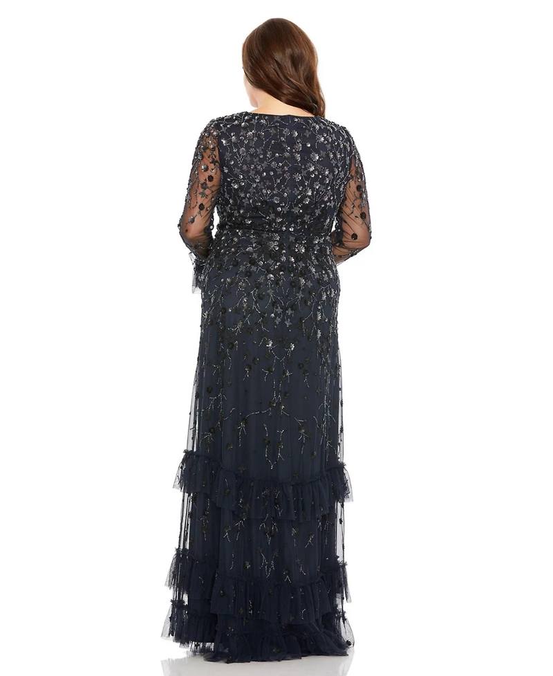 Mac Duggal Women's V-Neck Embellished Long Flutter Sleeve Tired Gown