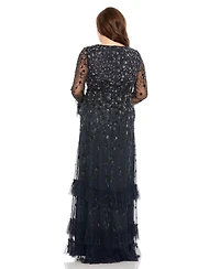 Mac Duggal Women's V-Neck Embellished Long Flutter Sleeve Tired Gown