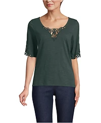 Lands' End Women's Elbow Sleeve Slub Lace Trim T-Shirt