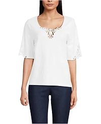Lands' End Women's Elbow Sleeve Slub Lace Trim T-Shirt