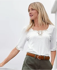 Lands' End Women's Elbow Sleeve Slub Lace Trim T-Shirt