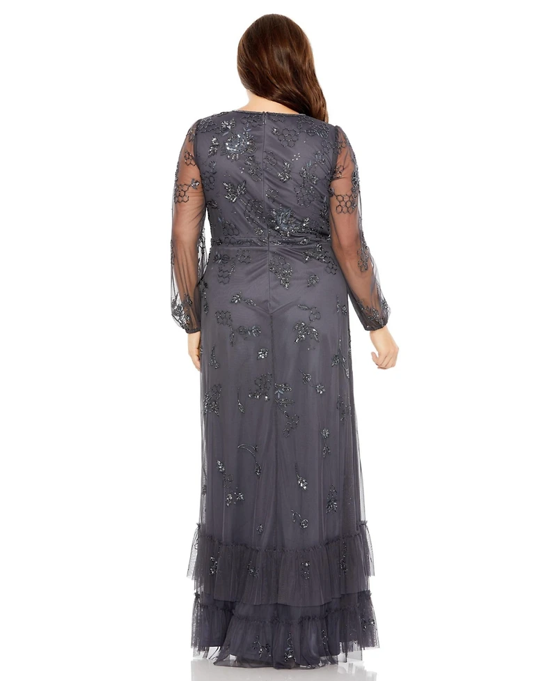 Mac Duggal Women's Puff Sleeve V-Neck Tiered Embellished Gown