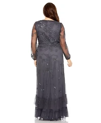 Mac Duggal Women's Puff Sleeve V-Neck Tiered Embellished Gown