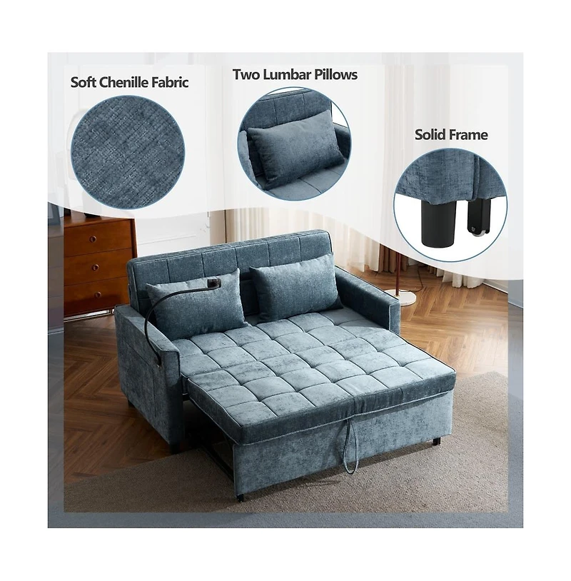 Maison Boucle 56.9" Pull-Out Sleeper Sofa with Usb Ports, Phone Holder & Adjustable Backrest, Convertible Bed Pillows-Maison