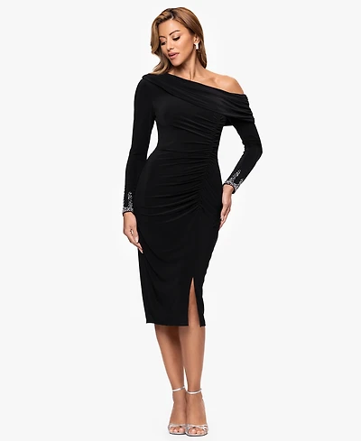 Betsy & Adam Women's Midi Off-the-Shoulder Dress