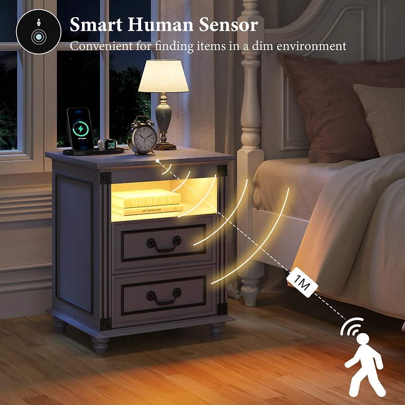 Vlsrka Nightstand with Charging Station, 3-Color Led & 2 Drawers