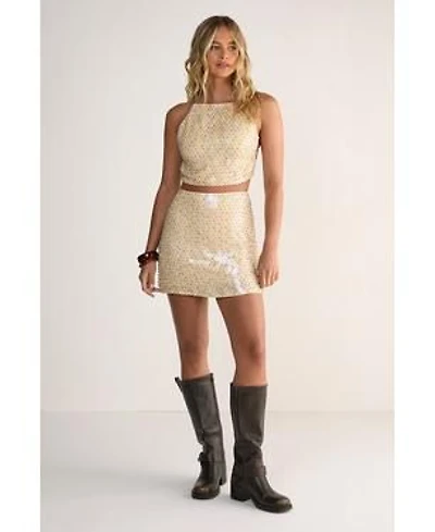 Studded Sequin Beaded Strap Crop Top Mini Skirt