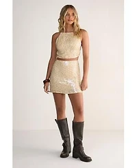 Studded Sequin Beaded Strap Crop Top Mini Skirt