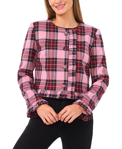 CeCe Women's Collarless Crew Neck Ruffle Detail Jacket
