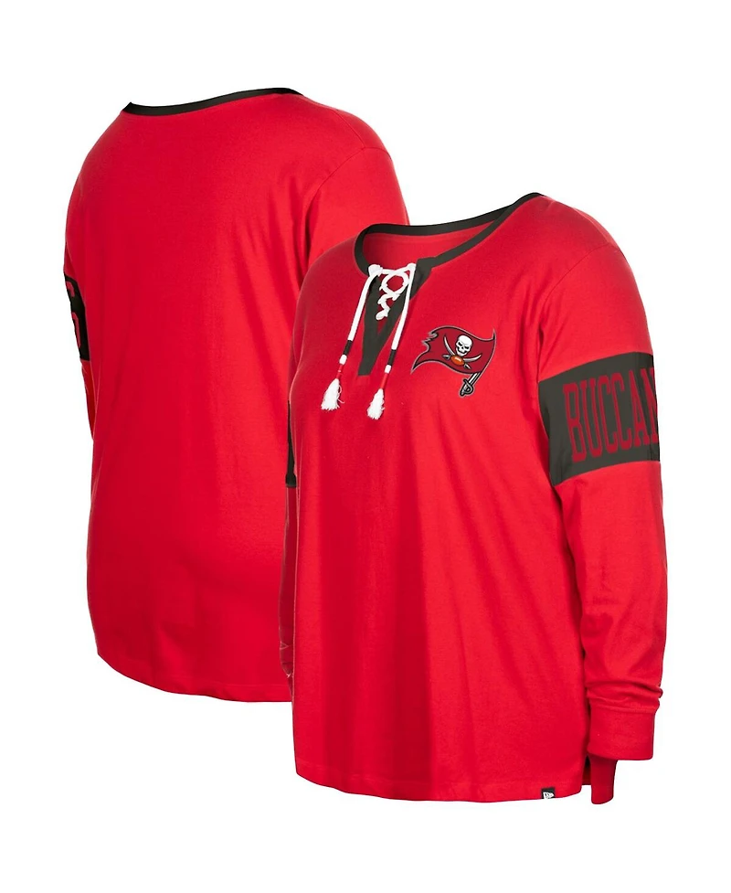 New Era Women's Red Tampa Bay Buccaneers Plus Lace-Up Notch Neck Long Sleeve T-Shirt