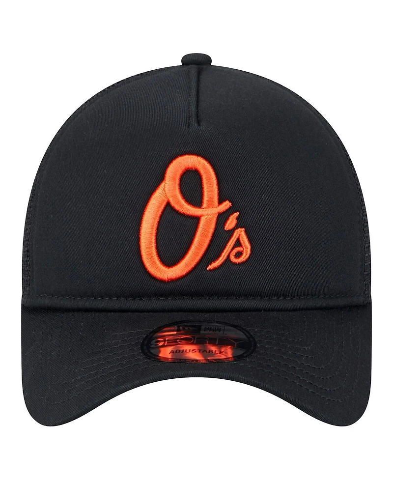 New Era Men's Black Baltimore Orioles 9FORTY A-Frame Trucker Adjustable Hat