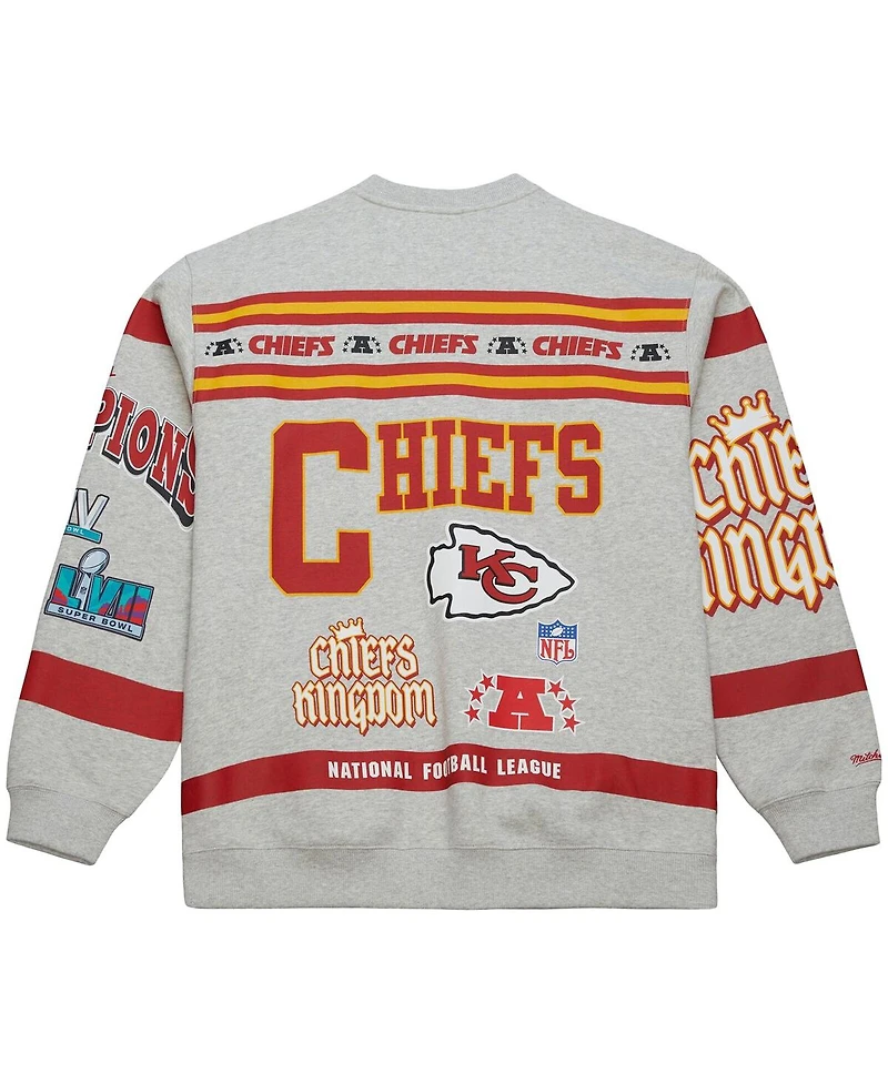 Mitchell & Ness Men's Heather Gray Kansas City Chiefs All Over Print Vintage Fleece Crewneck Sweatshirt