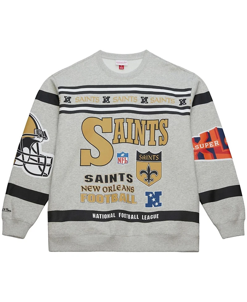 Mitchell & Ness Men's Heather Gray New Orleans Saints All Over Print Vintage Fleece Crewneck Sweatshirt
