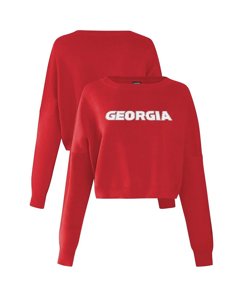 Hype And Vice Women's Red Georgia Bulldogs Oversized Cropped Ivy Knit Pullover Sweater