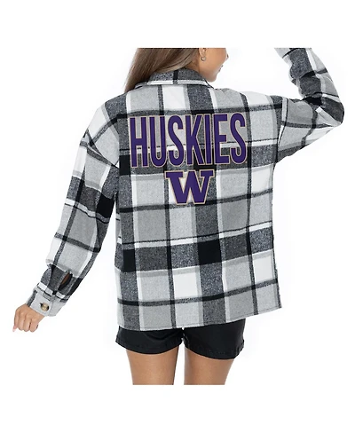 Gameday Couture Women's Grey Washington Huskies Long Sleeve Brushed Plaid Button-Up Overshirt Jacket