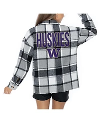 Gameday Couture Women's Grey Washington Huskies Long Sleeve Brushed Plaid Button-Up Overshirt Jacket