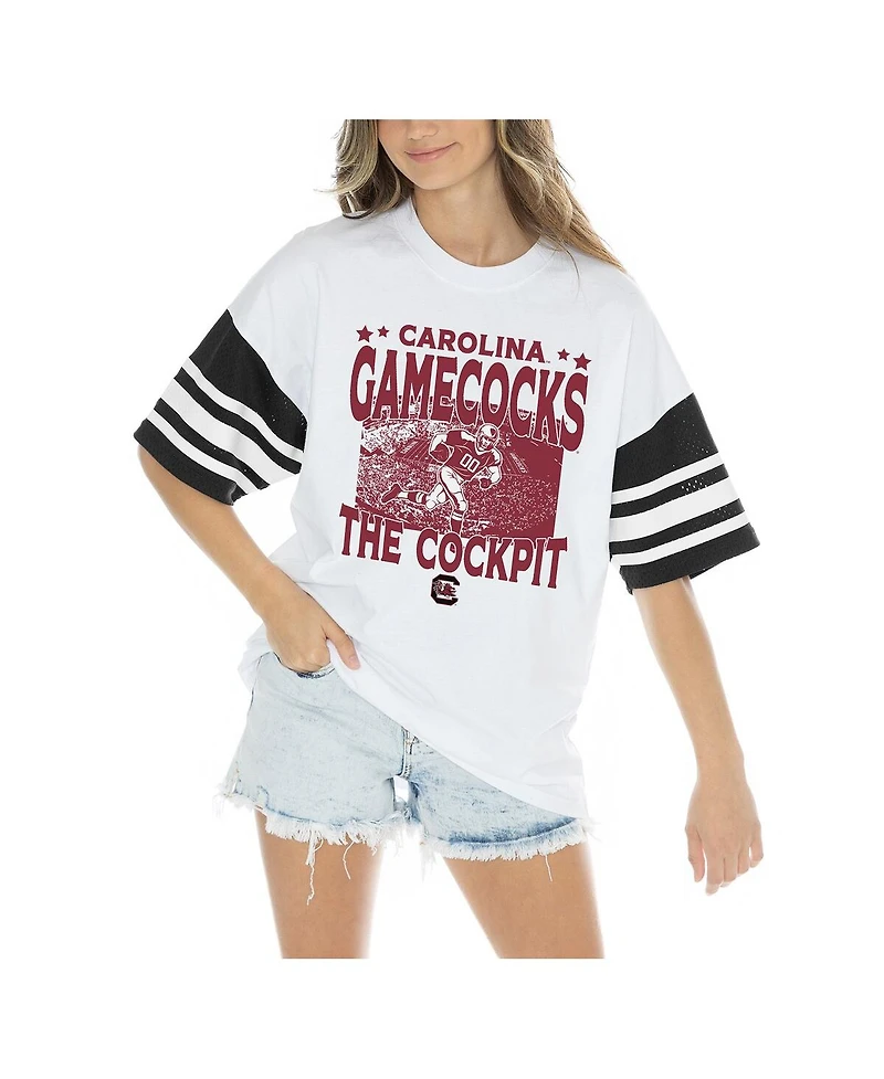 Gameday Couture Women's White South Carolina Gamecocks Crowd Pleaser Contrast Sporty Heritage Stripe Oversized T-Shirt