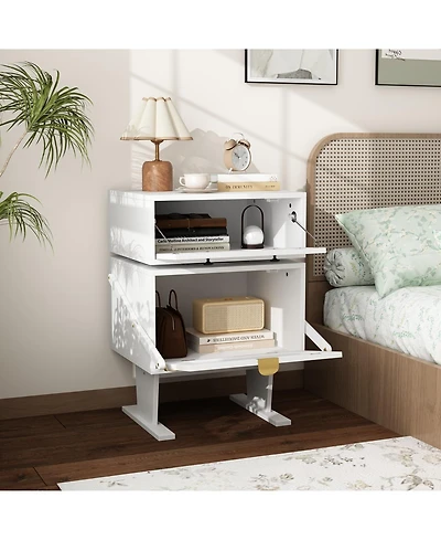 Bedside Table with Glass Door, Side Table with Rotatable Head, End table for Bedrooms, Children