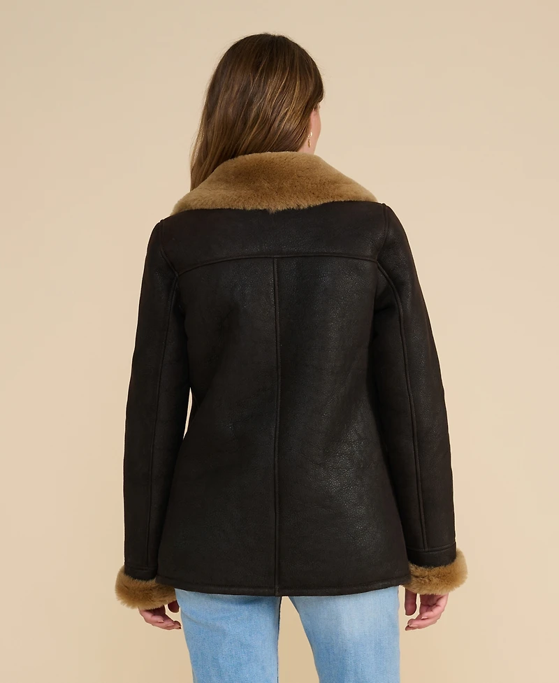 Furniq Uk Women's Leather Sheepskin Peacoat, Brown, Created for Macy's