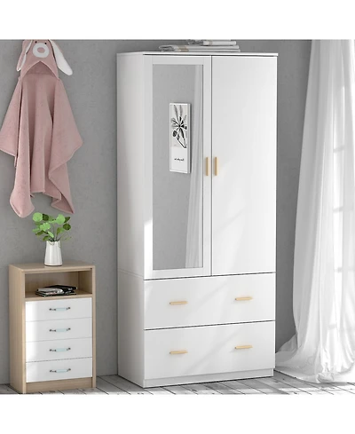 Wardrobe with Mirror and 2-Door 2-Drawer, Bedroom Armoire, Closet